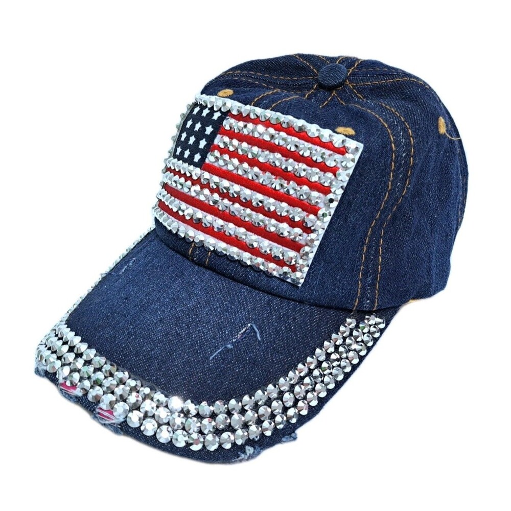 USA Distressed American 4th July Denim Rhinestone Hat Cap Patriotic Red Blue
